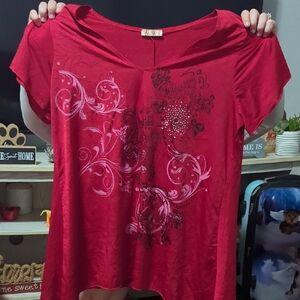 Chic Red Women's Blouse with Floral Accents